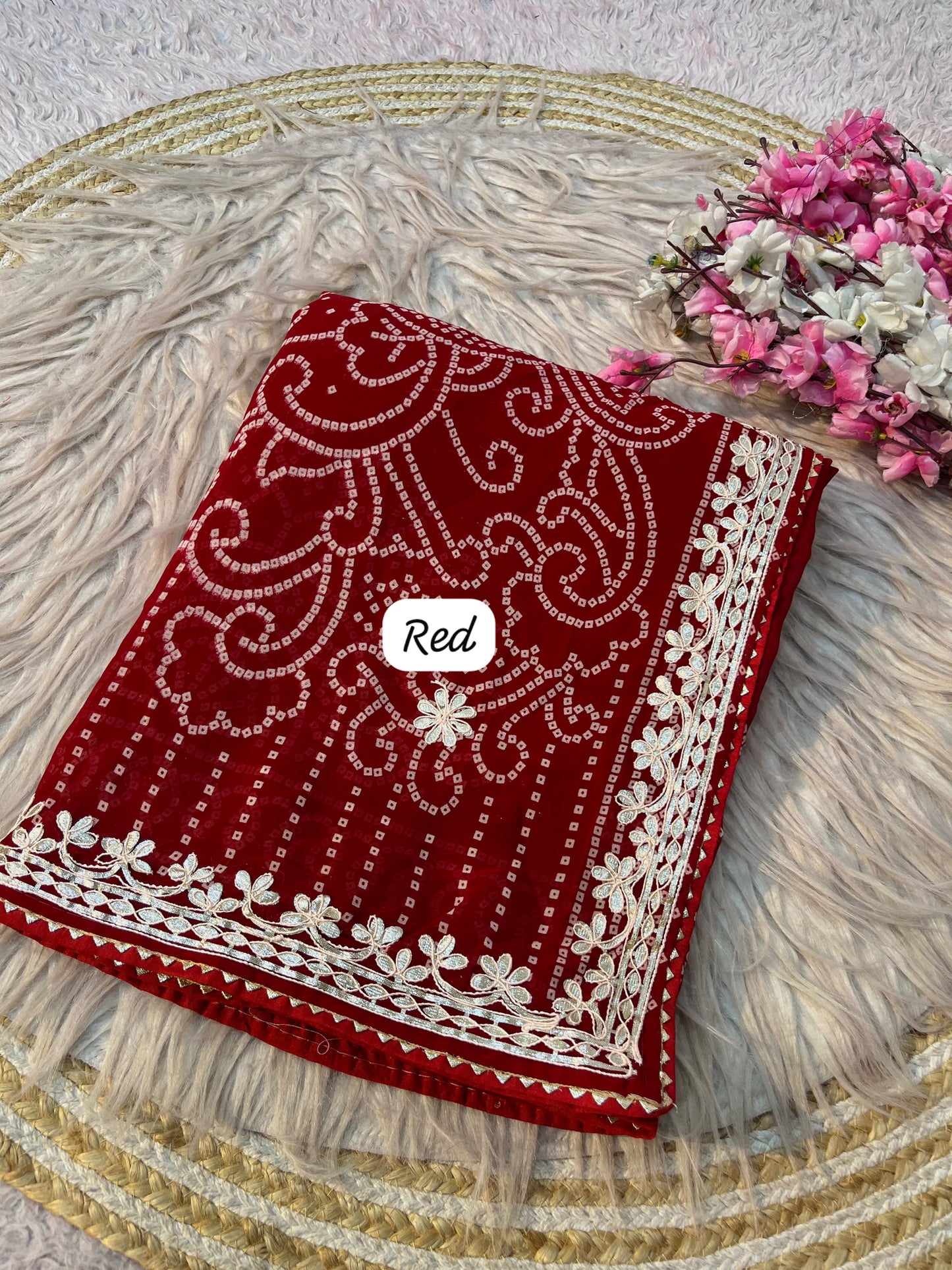 Red Color Georgette Bandej Print Saree with Unstitched Blouse