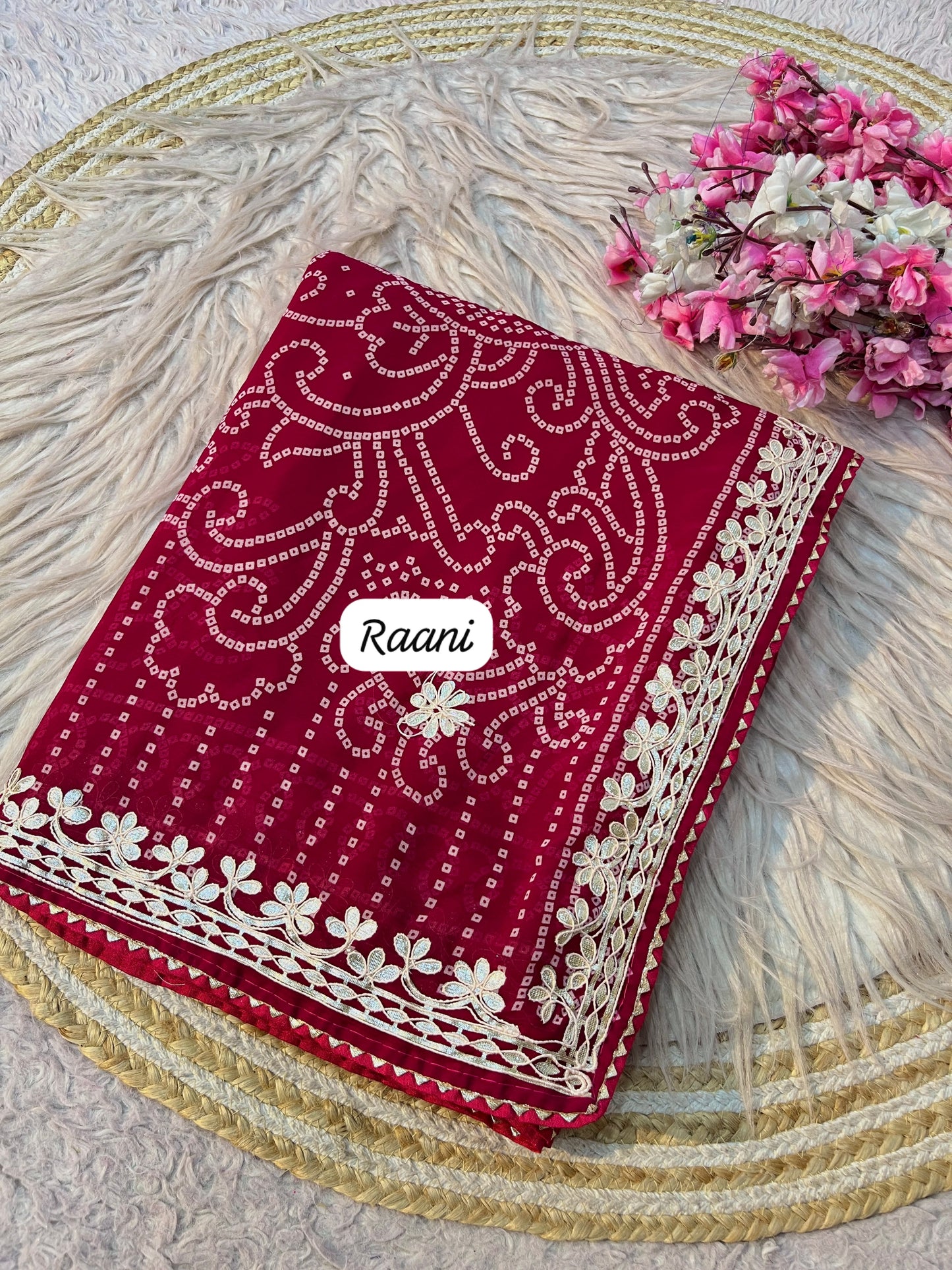 Rani Pink Color Georgette Bandej Print Saree with Unstitched Blouse