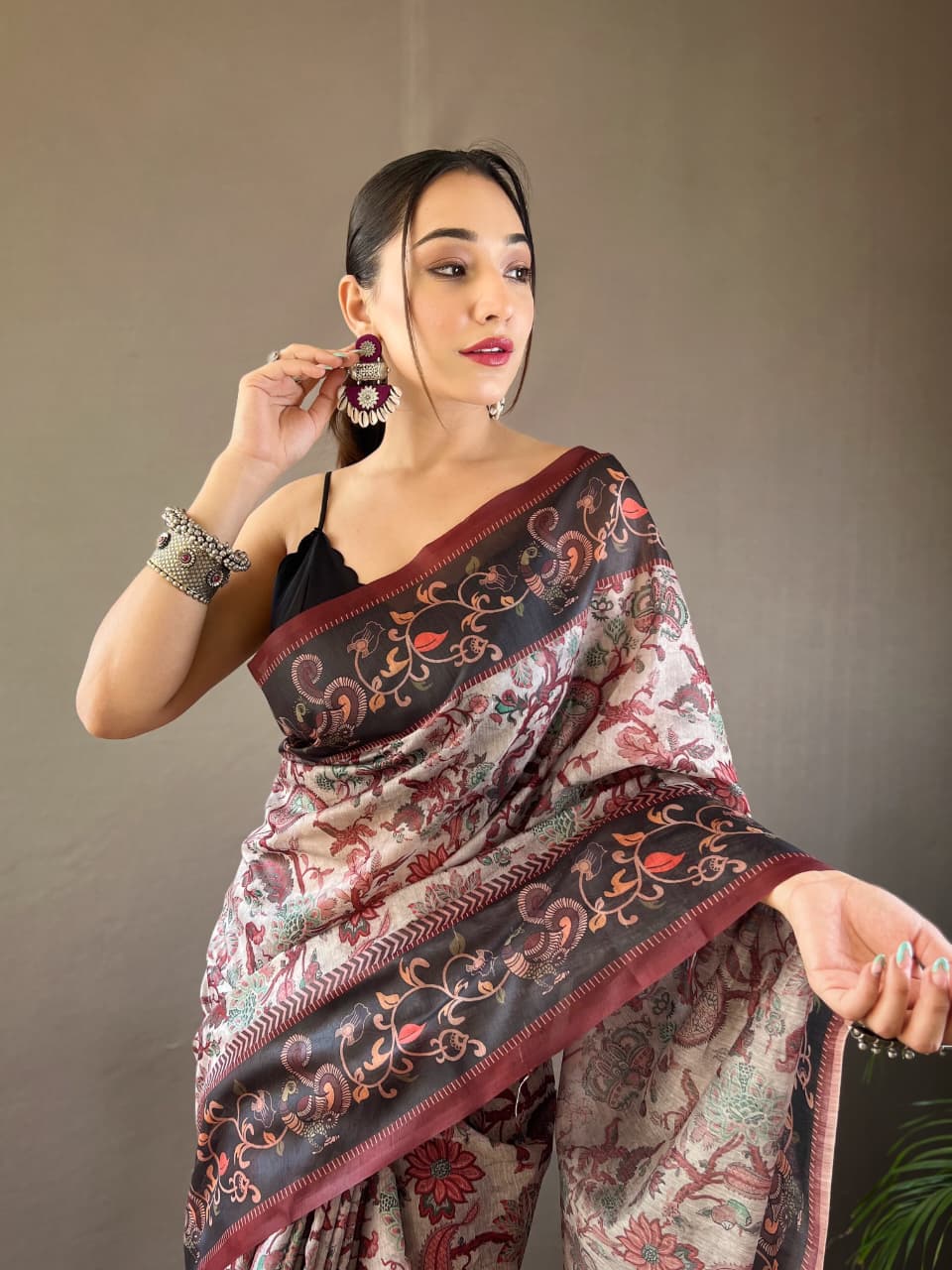 Kalamkari Print Saree with Unstitched Blouse
