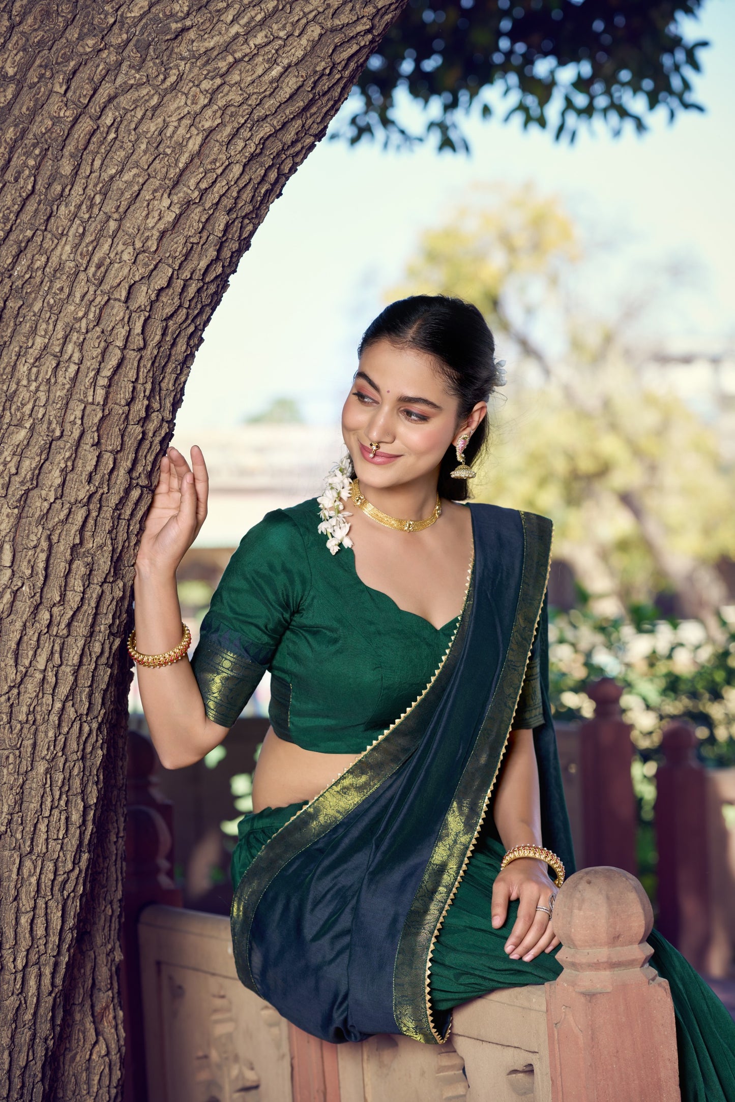 Bottle Green and Blue Poly Cotton Zari weaving Border Lehenga Choli with Dupatta