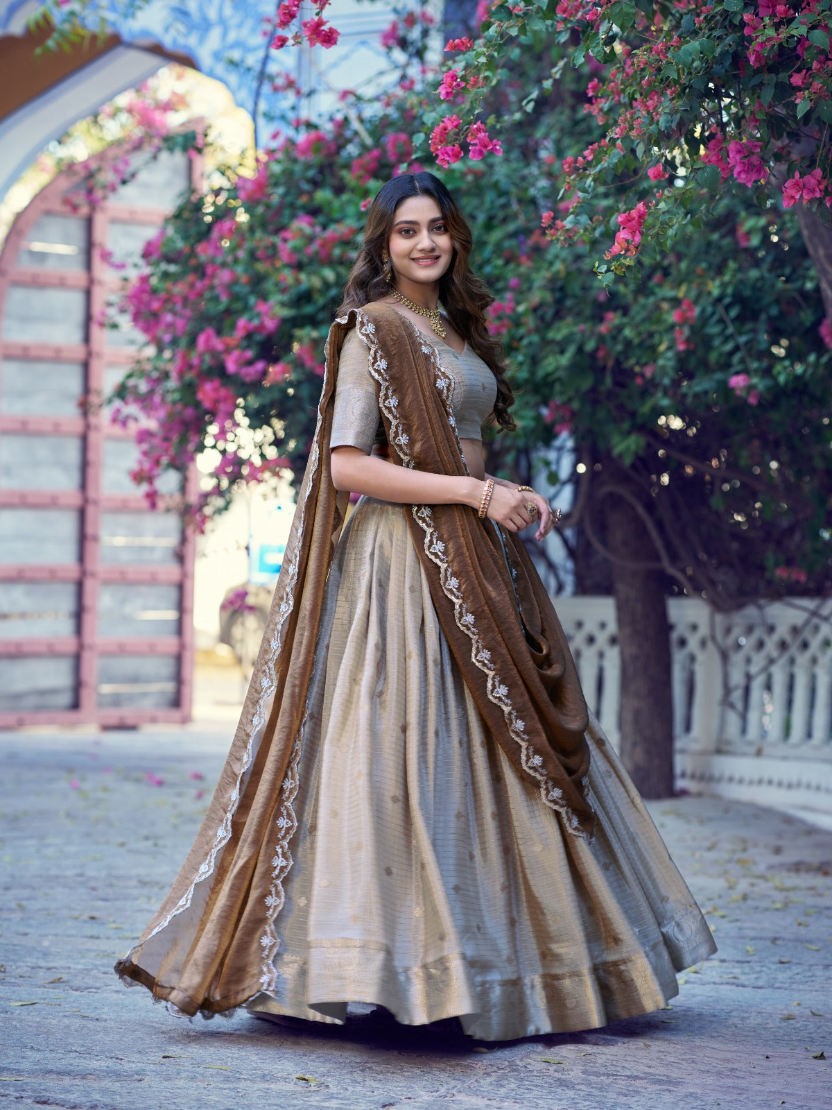 Beige Color Chinon Checks Traditional South Indian Lehenga Choli with Dupatta
