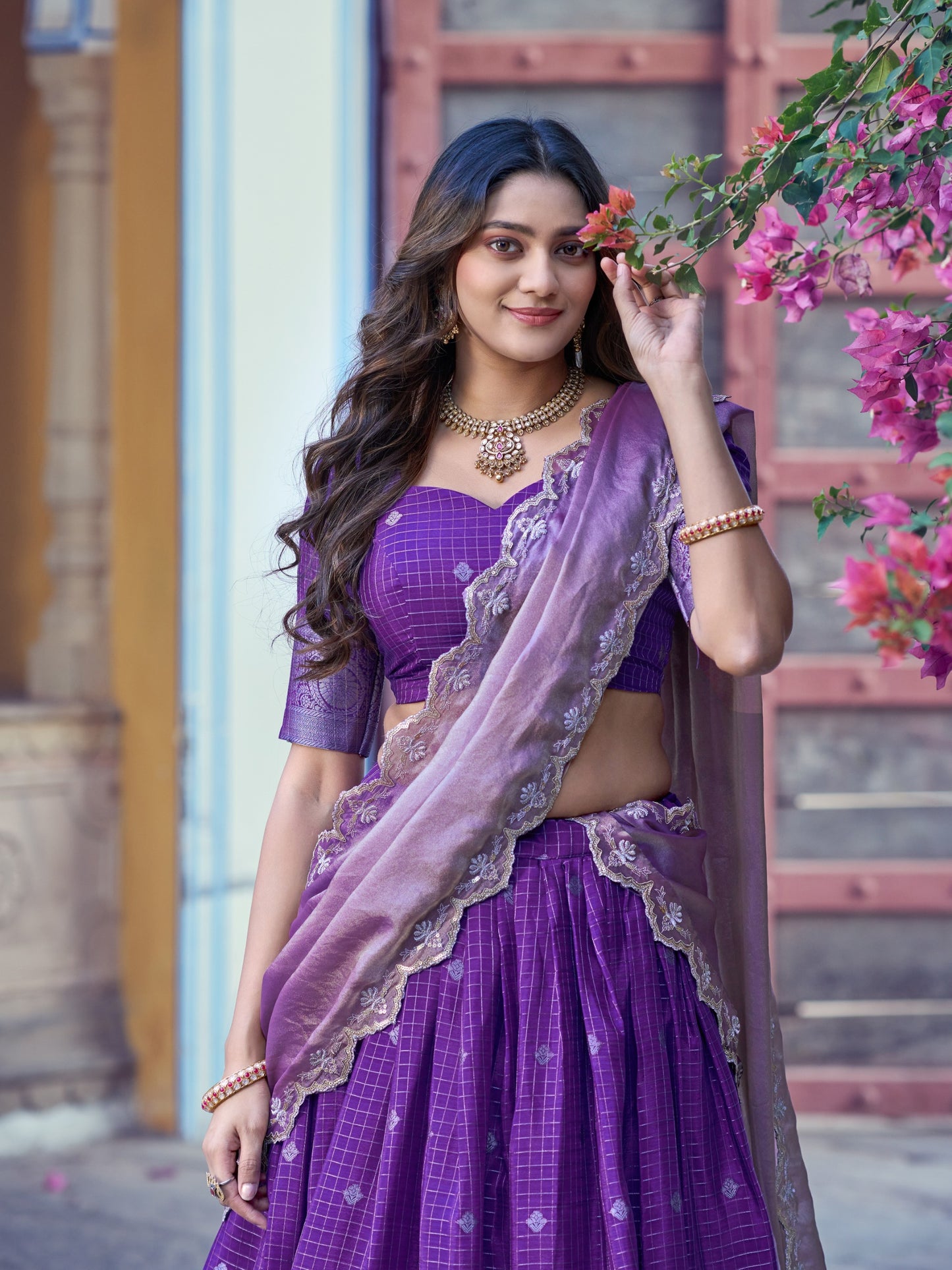 Purple Color Chinon Checks Traditional South Indian Lehenga Choli with Dupatta | south indian Half Saree | Langa Voni