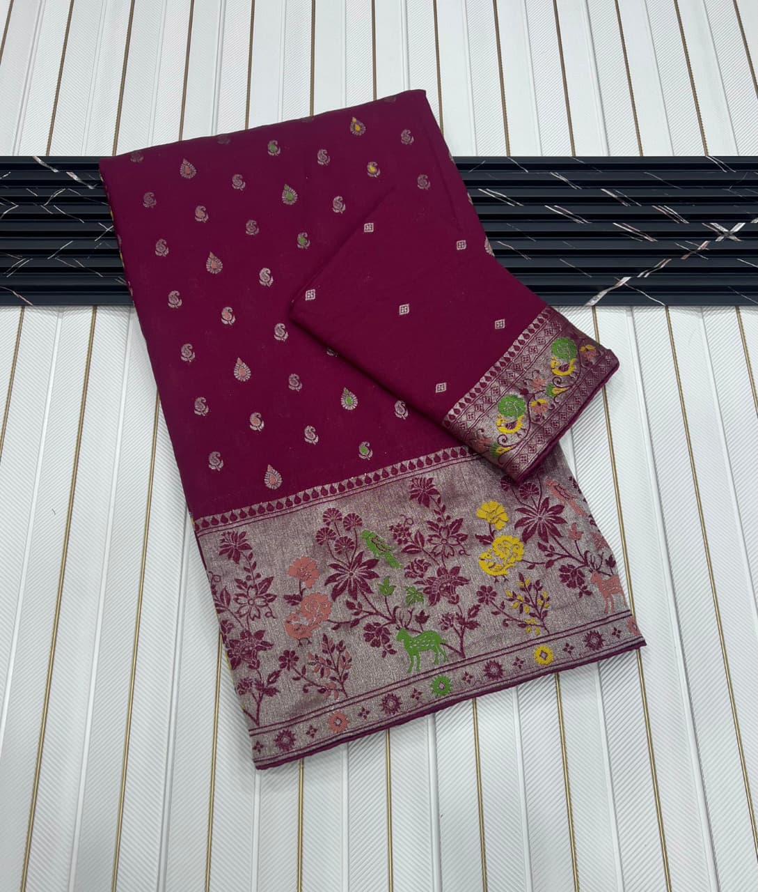 Maroon color Meenakari work Paithani Saree with Unstitched Blouse