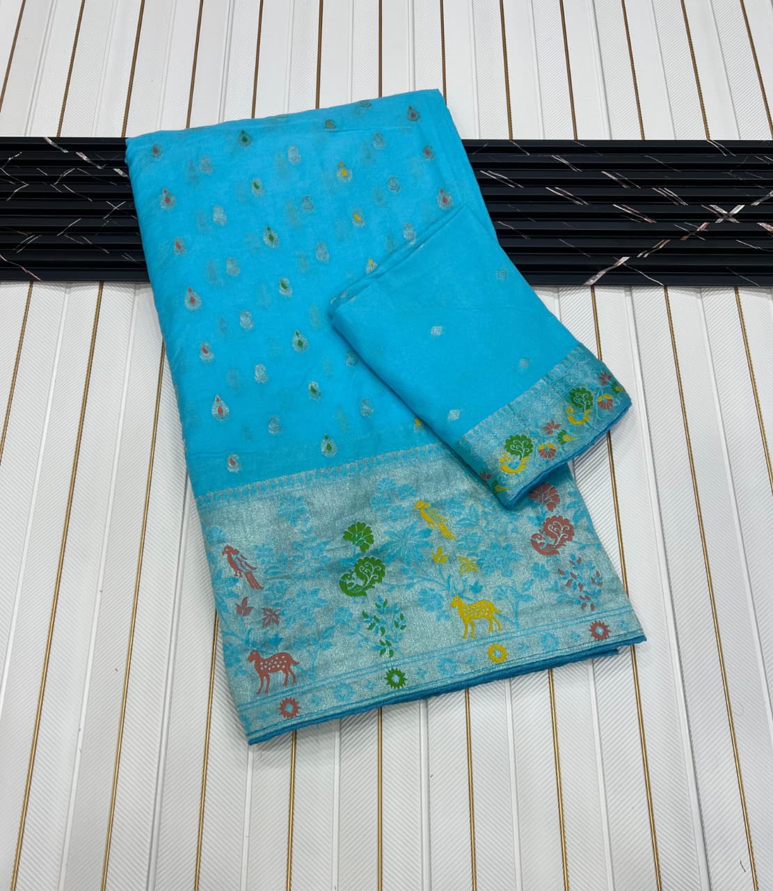 Firozi color Meenakari work Paithani Saree with Unstitched Blouse