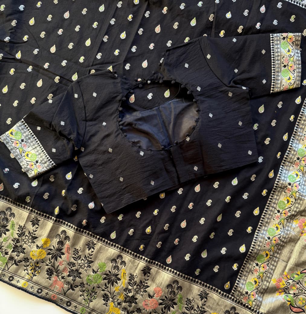 Black color Meenakari work Paithani Saree with Unstitched Blouse