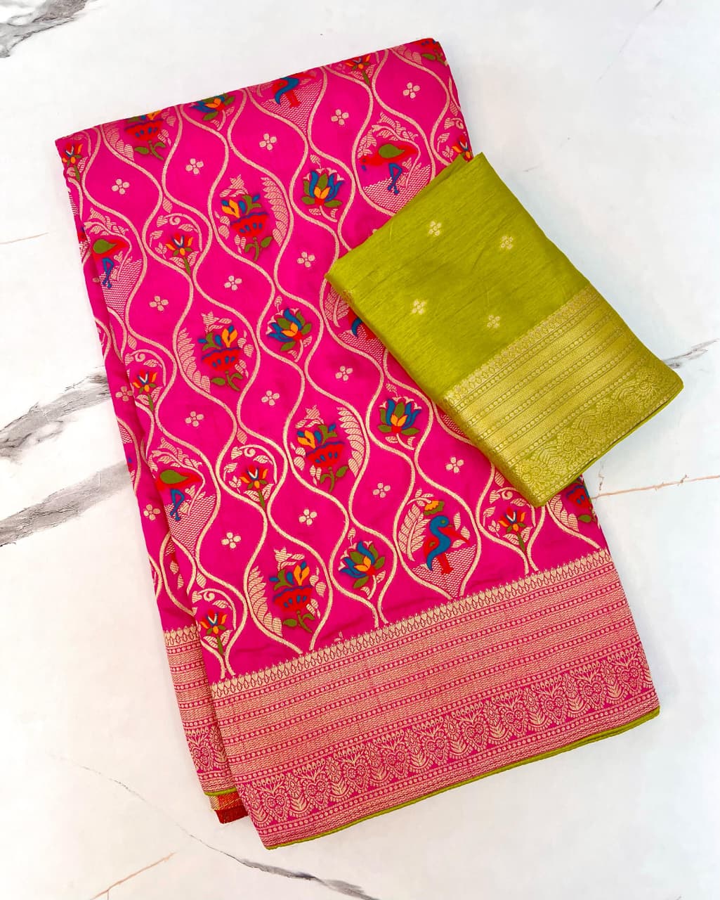 Pink color Banarasi Silk Zari work Rich Pallu Saree and Unstitched Blouse