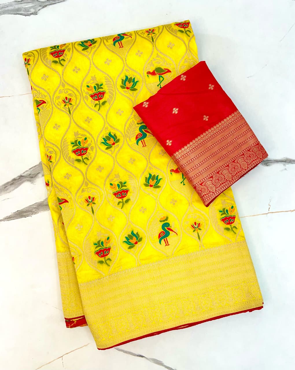 Yellow color Banarasi Silk Zari work Rich Pallu Saree and Unstitched Blouse