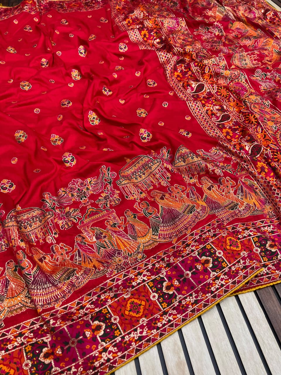 Red color Pashmina Silk Saree with Unstitched Blouse