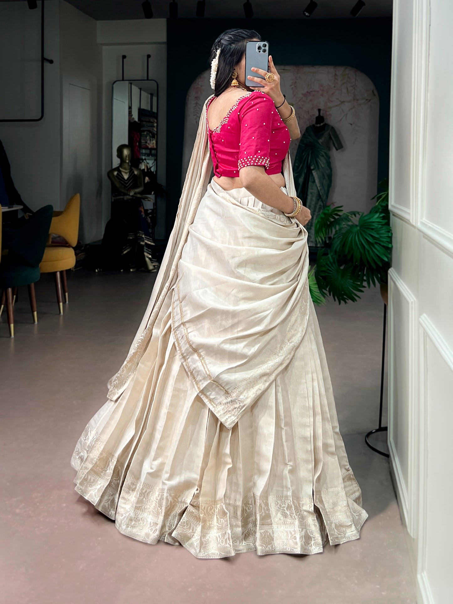 Cream color South Indian Lehenga Choli