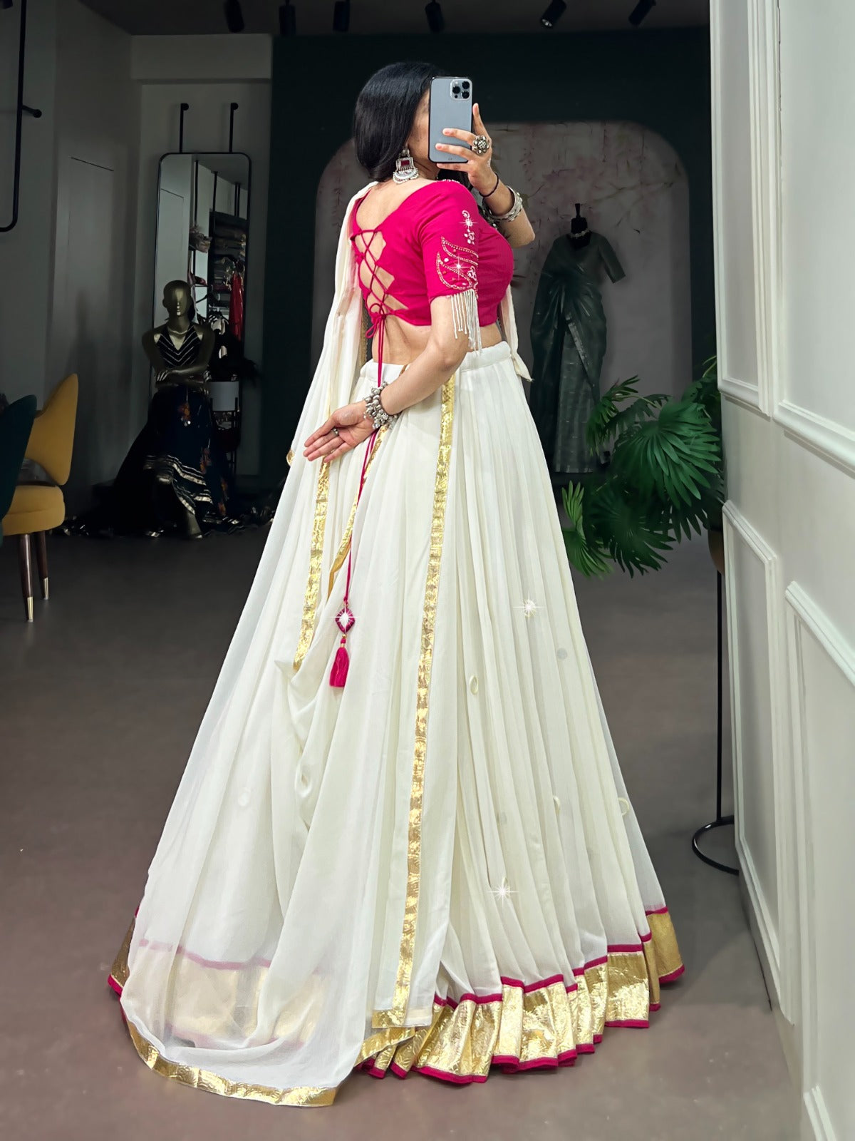White color Real Mirror work Navratri Lehenga choli