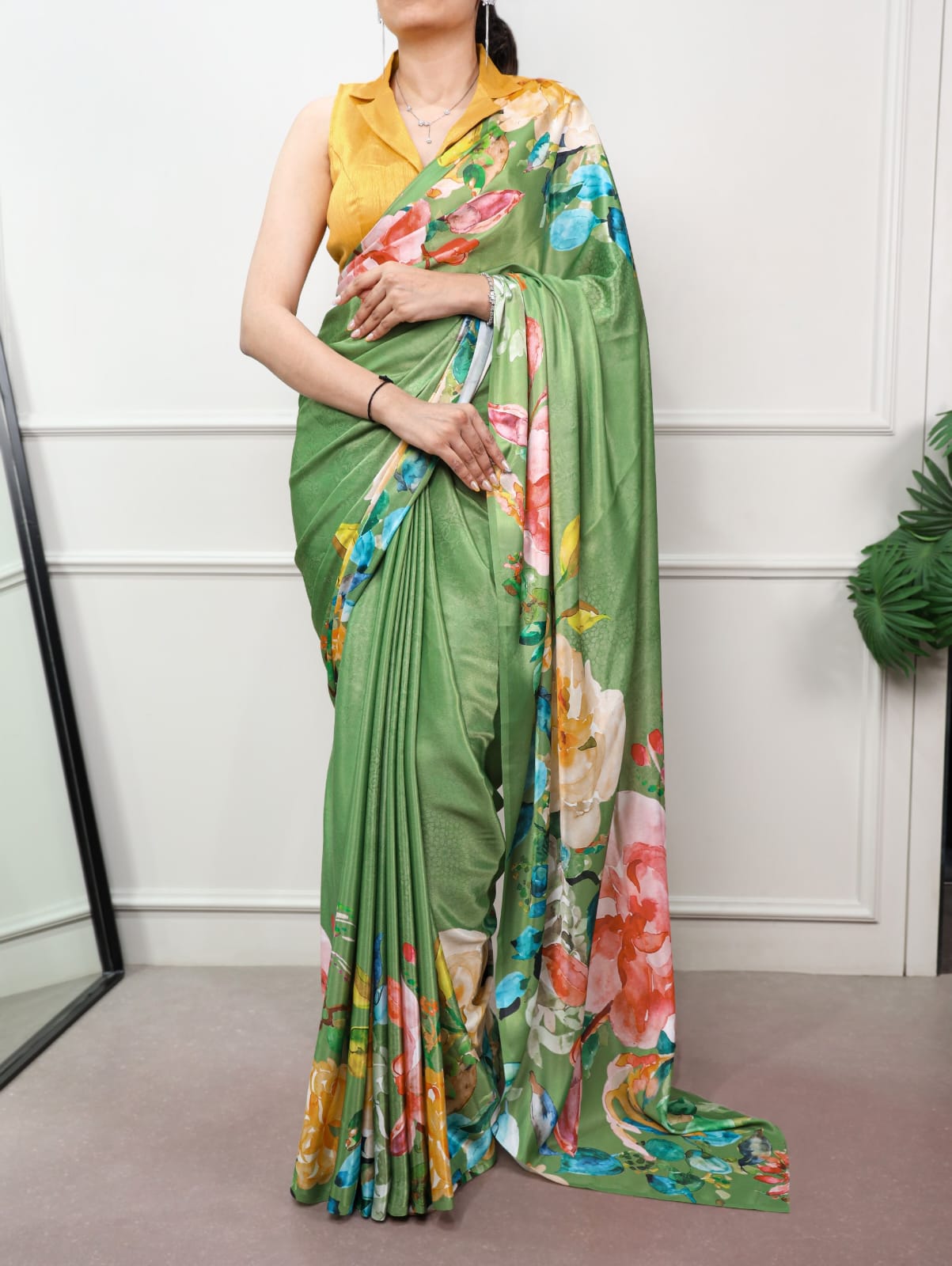 Satin Silk Print Saree with Unstitched Blouse