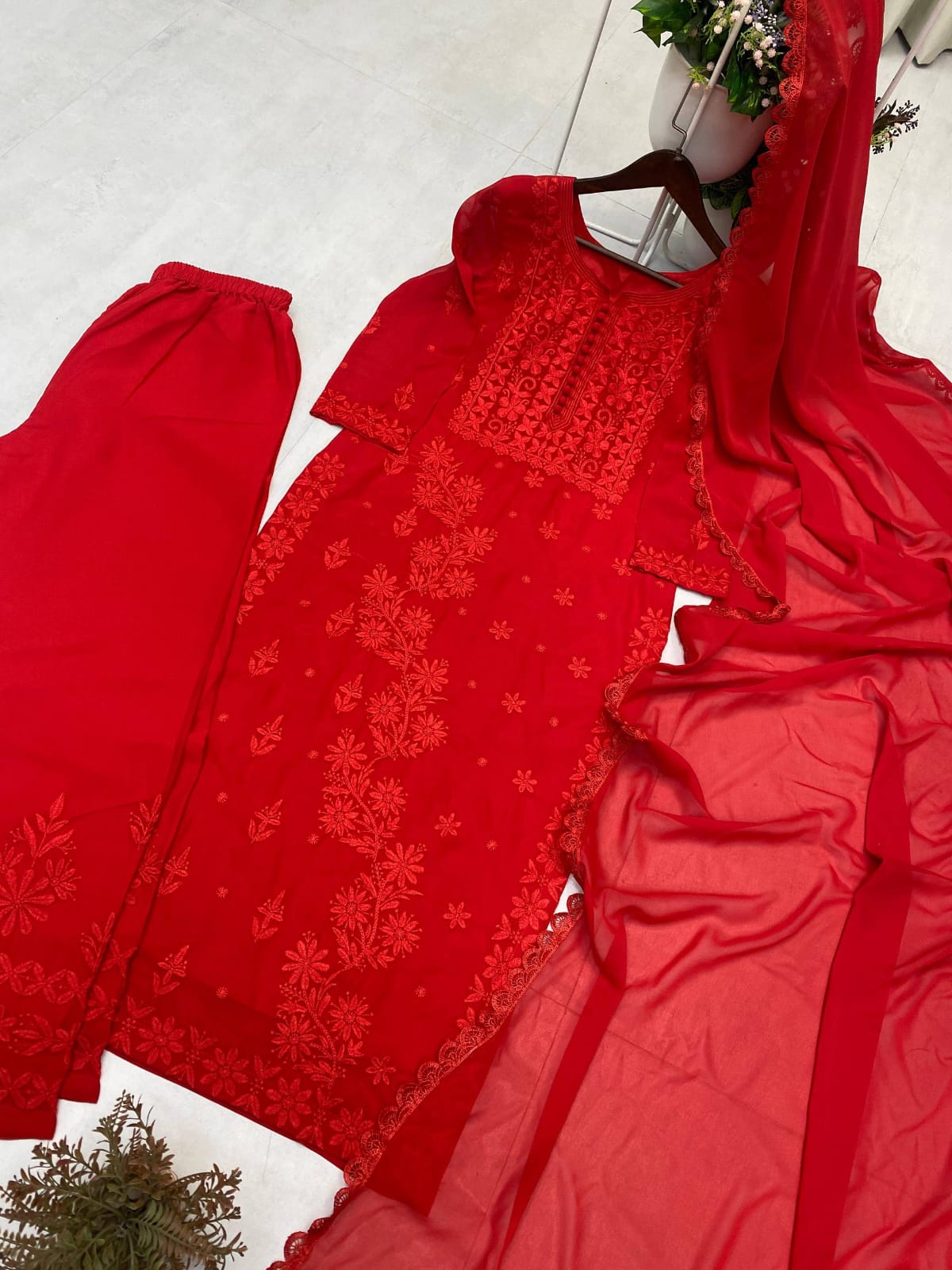 Red color Georgette Chikankari Embroidery Work Kurta Pant with Dupatta