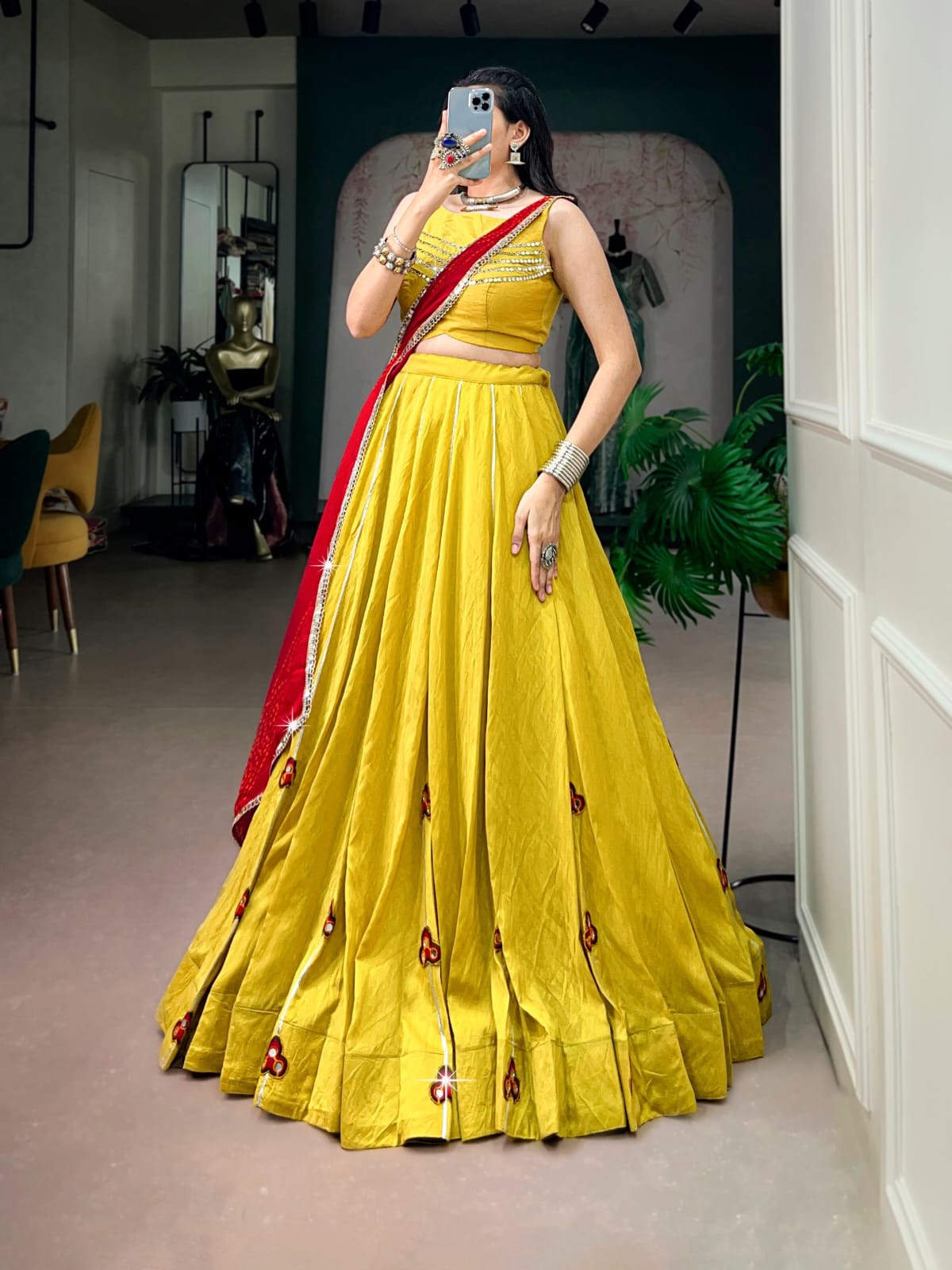 Traditional Yellow Mirror Gamthi Patches Work Navratri Lehenga Choli with Red Bandhani Dupatta