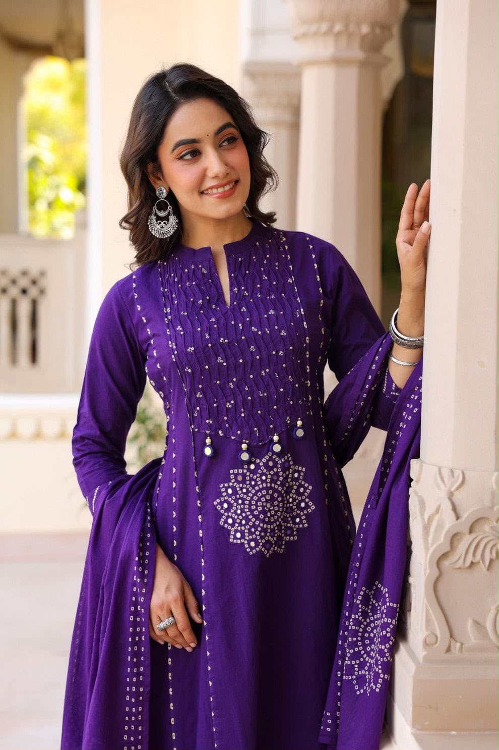 Bandhej Print Anarkali Kurti Pant with Dupatta