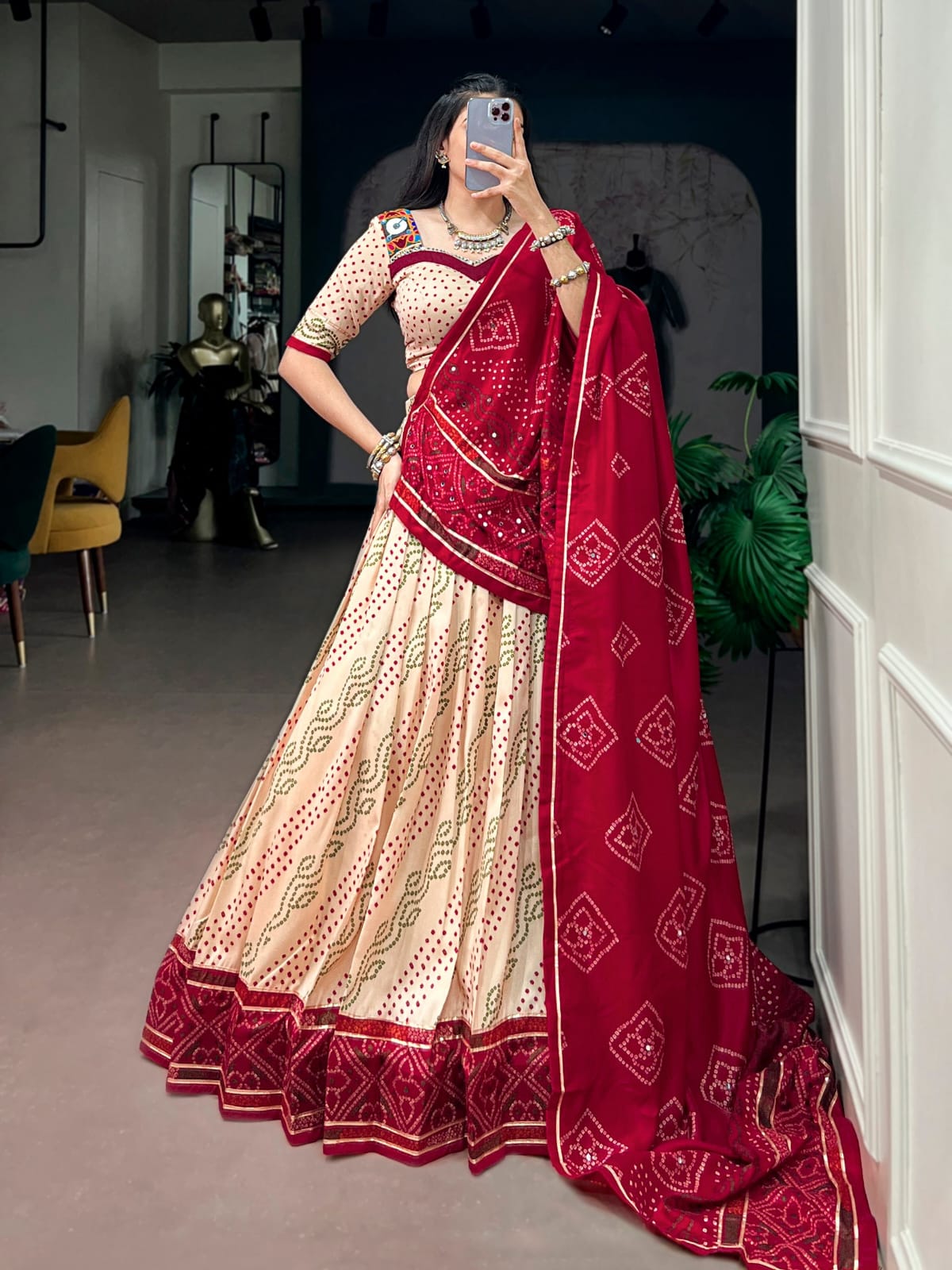 Cream and Maroon Tasar Silk Bandhani Print with Gamthi Work Navratri Lehenga choli