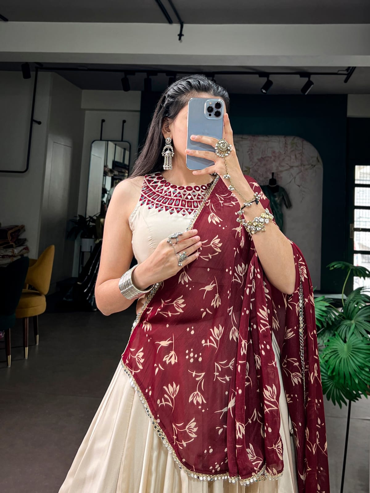 off-white color Monga Silk Mirror work Navratri Lehenga Choli with Dupatta
