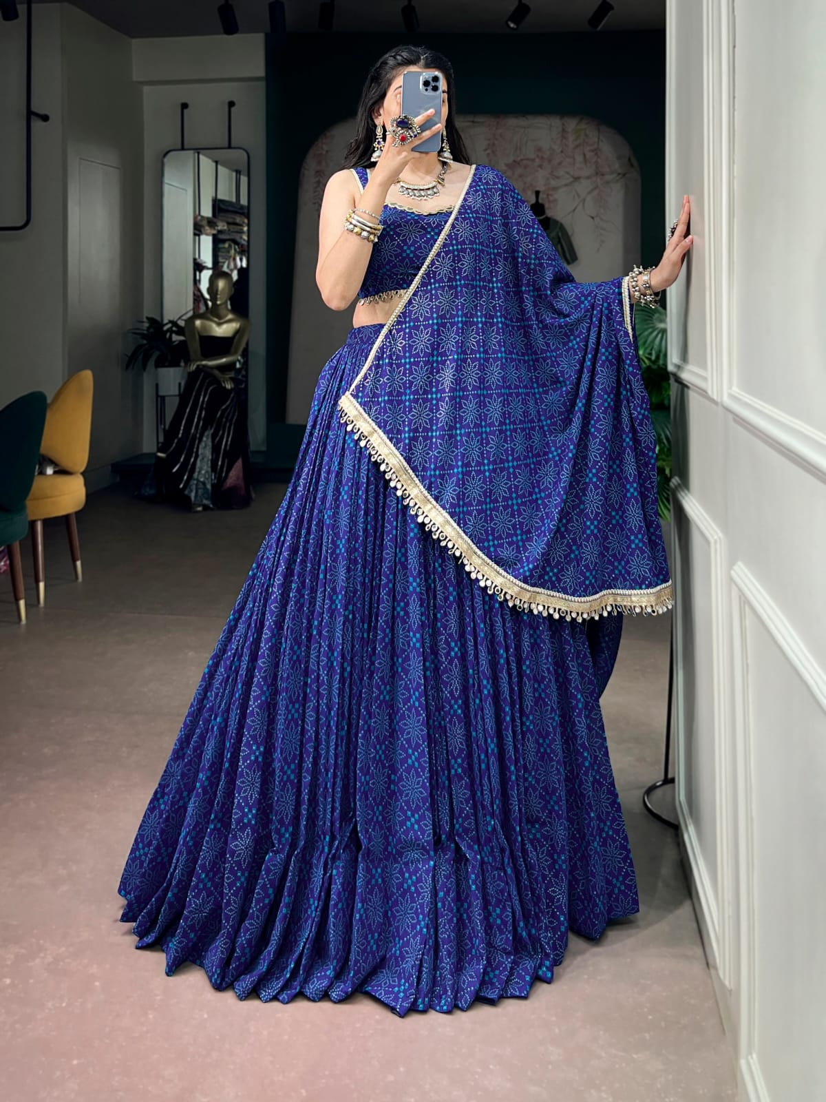 Blue color Georgette Bandhani Print Navratri Lehenga Choli with Dupatta