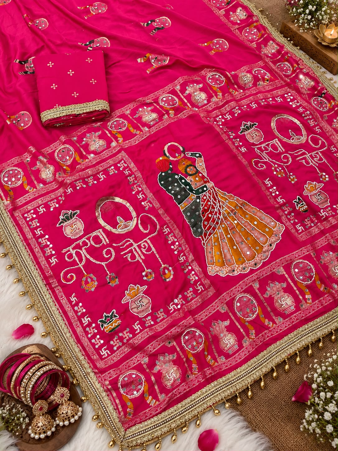 Rani Pink color Karwa Chauth Saree with Unstitched