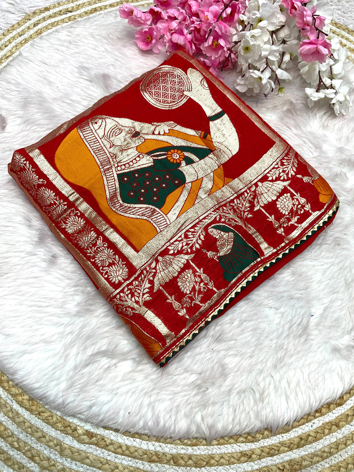 Red color Dola Silk Saree with Unstitched Blouse
