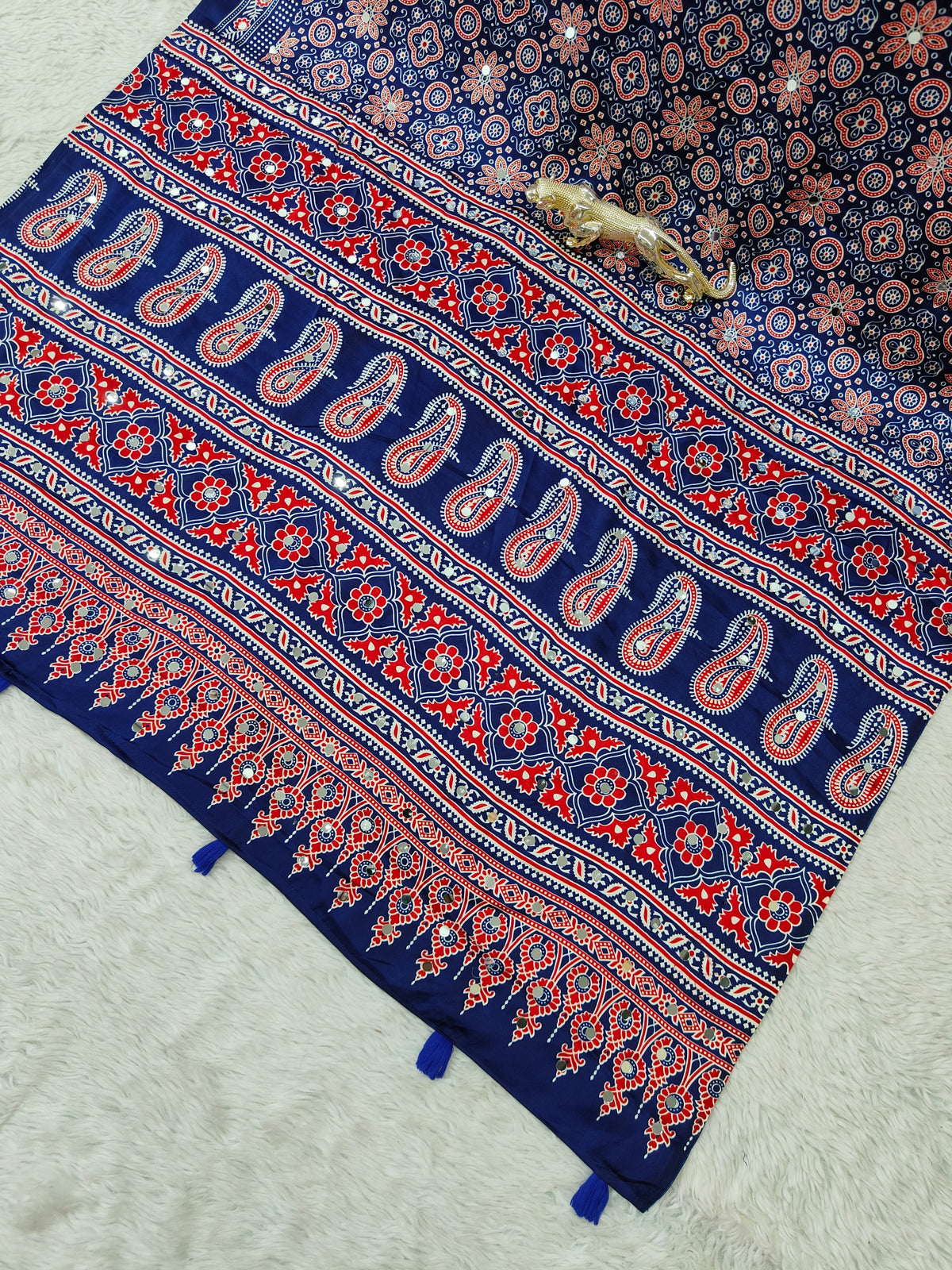 Blue Satin Silk Print with Mirror work Saree with Unstitched Blouse
