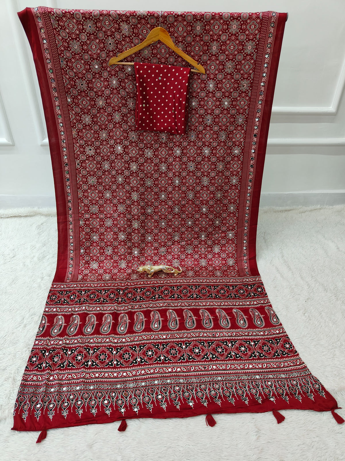 Maroon Satin Silk Print with Mirror work Saree with Unstitched Blouse