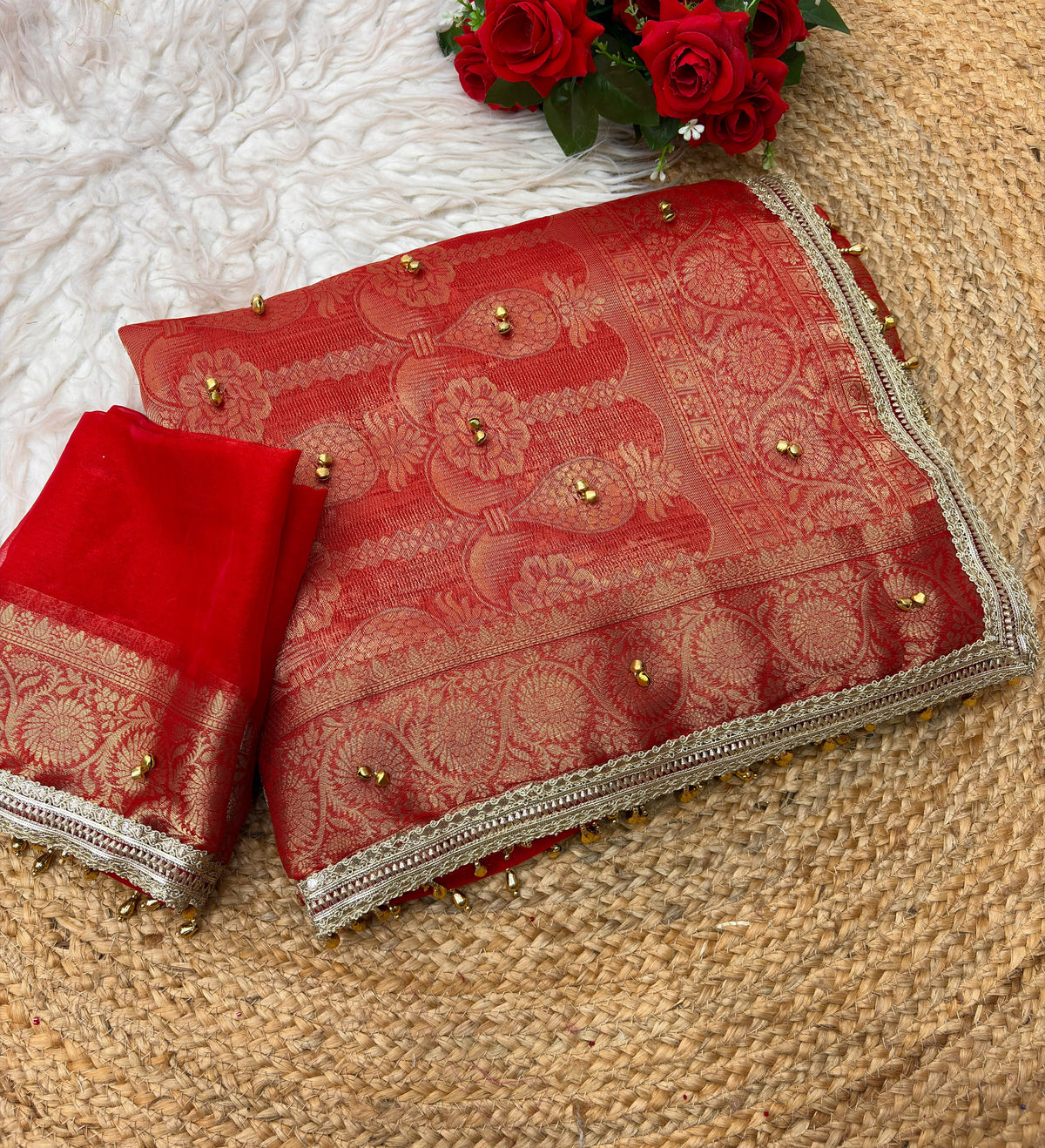 Traditional Red Sattin Chiffon Banarasi Zari Saree with Ghunghru Work