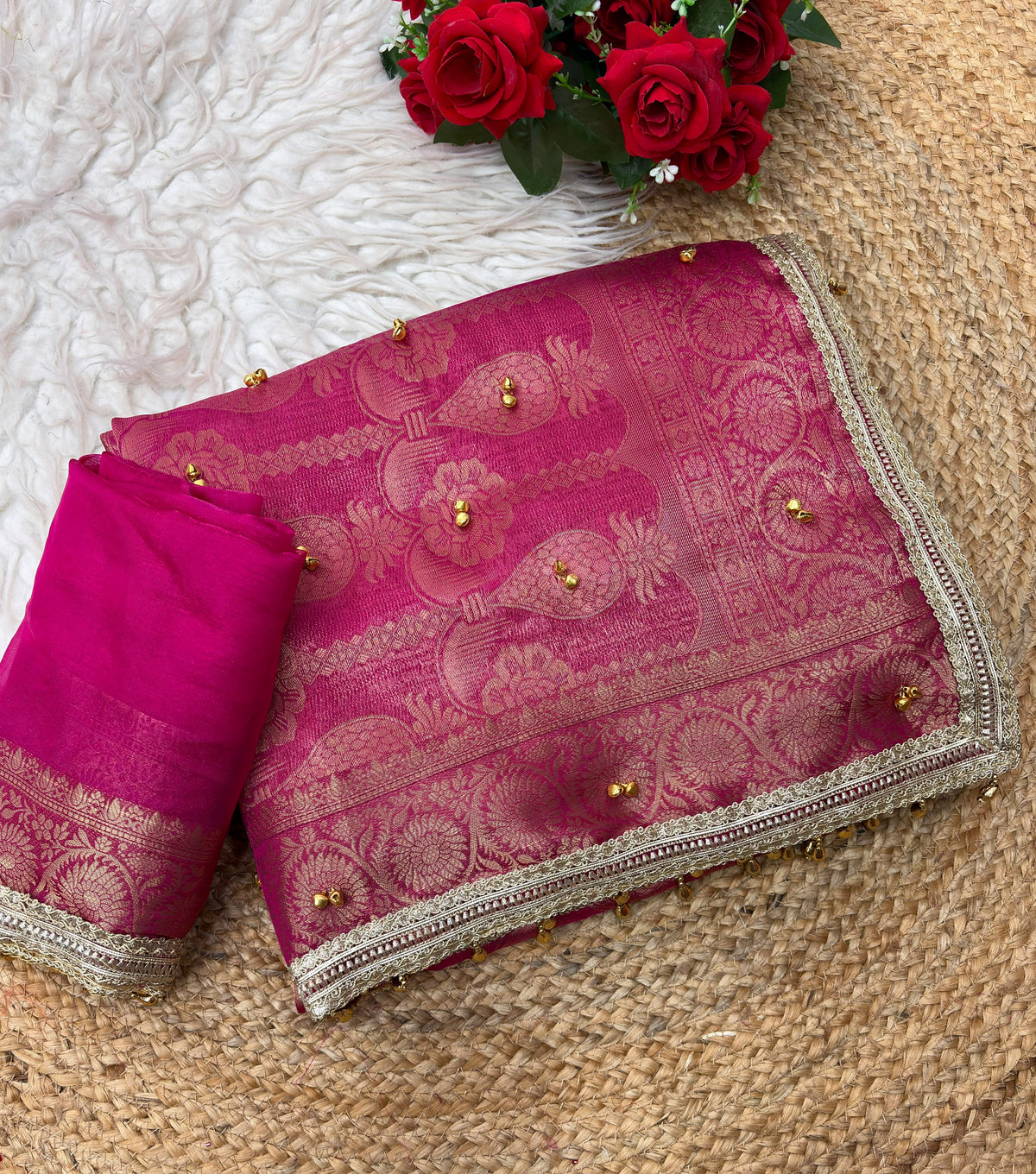 Traditional Rani Pink Sattin Chiffon Banarasi Zari Saree with Ghunghru Work