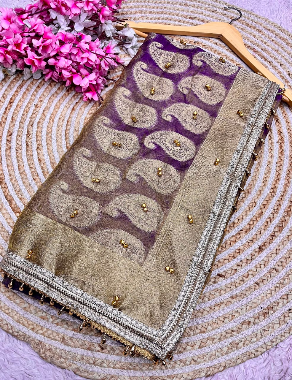 Traditional Purple Tissue Silk Banarasi Zari Saree with Ghunghru Work