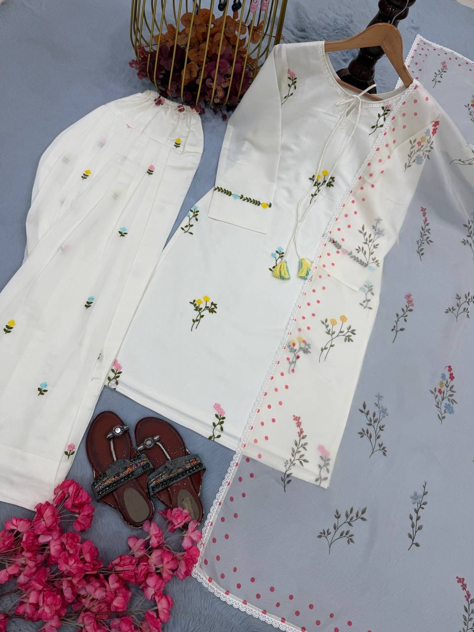 Designer Party Wear Look Pur Mul Chandheri Top & Farshi Palazzo With Dupatta set