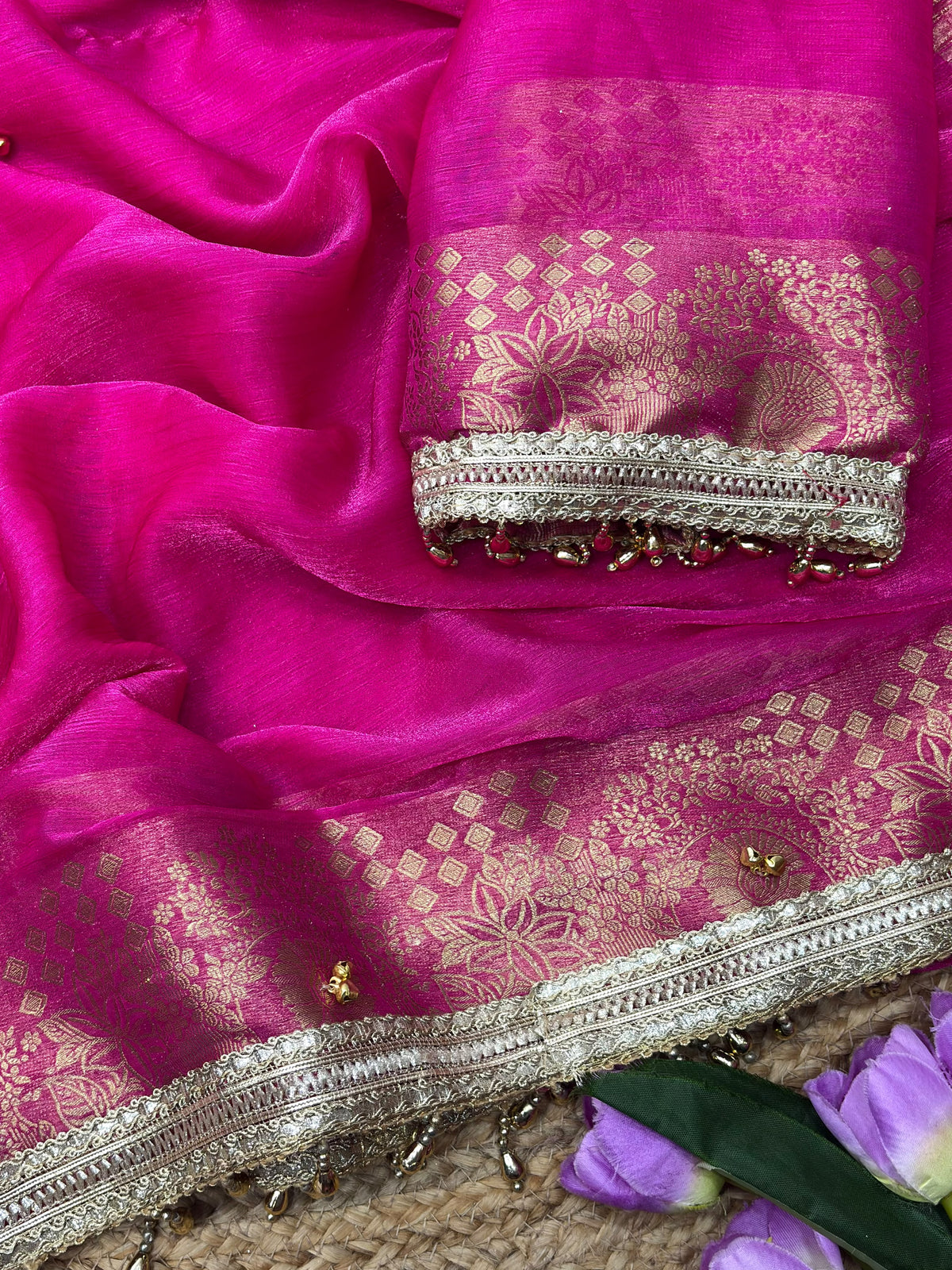 Traditional Rani Pink Sattin chiffon silk Banarasi Zari Saree with Ghunghru Work