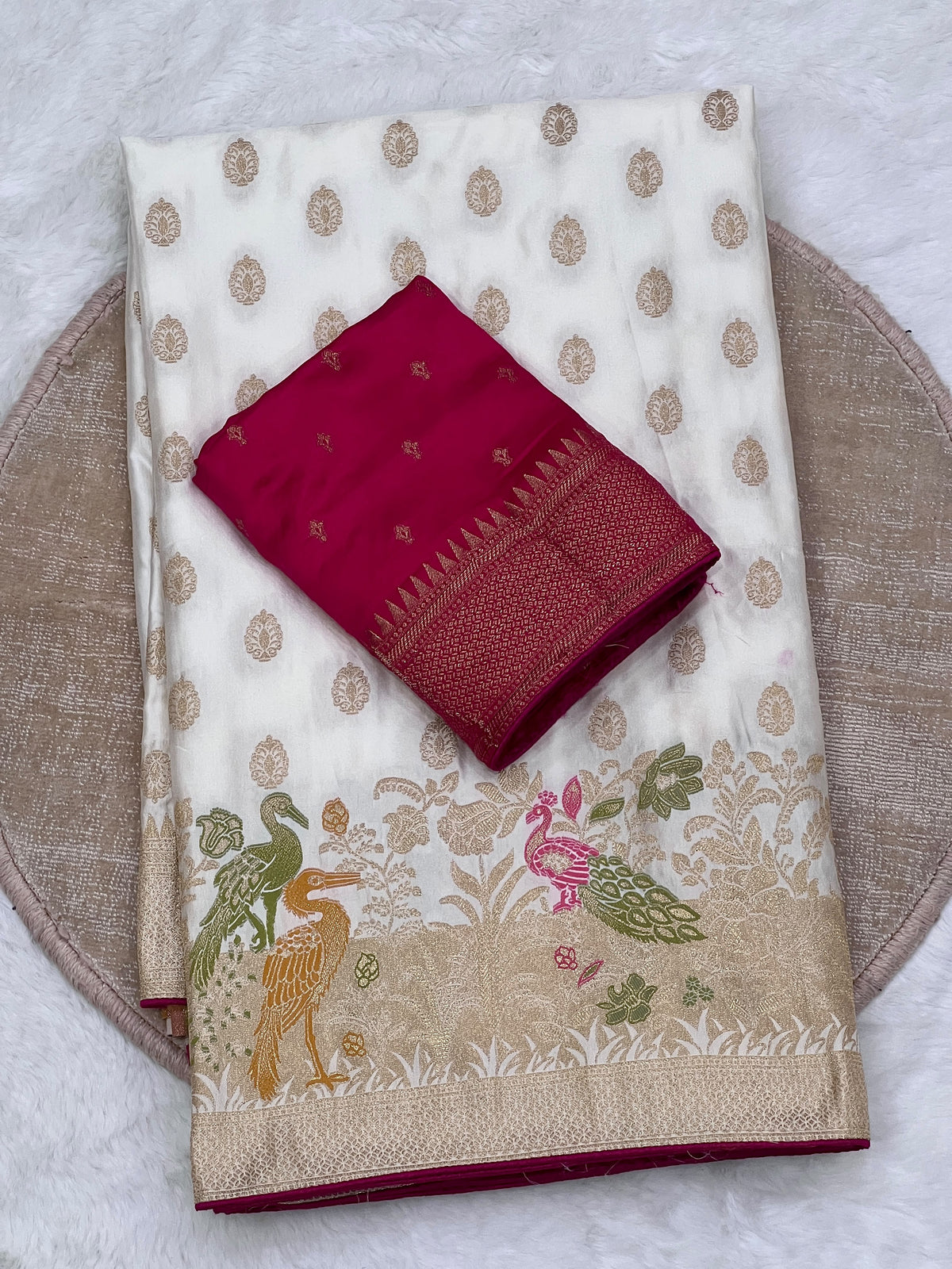 Satin Silk Meenakari and Banarasi Zari weaving Saree with Unstitched Blouse