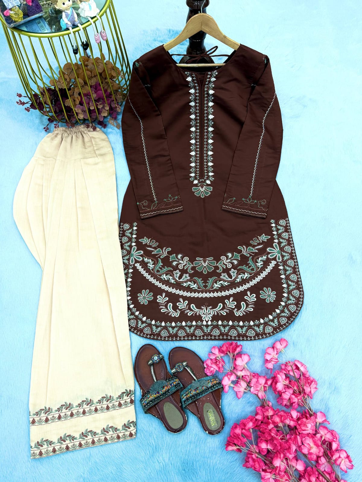 Designer Party Wear Look Roman Silk & Farshi Palazzo Set