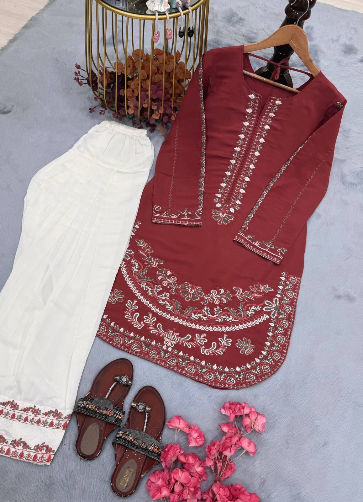 Designer Party Wear Look Roman Silk & Farshi Palazzo Set