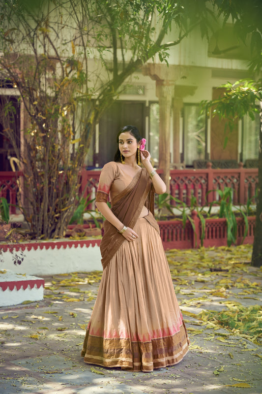 Beige & Brown South Indian Poly Dyeable Half Saree Lehenga Choli Set