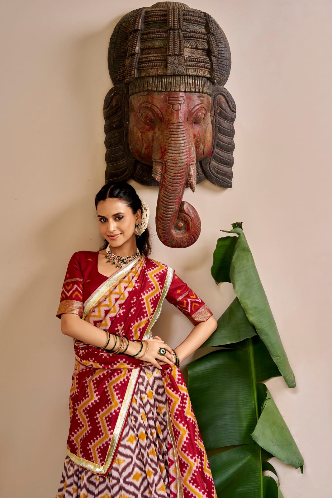 Maroon Tasar Silk Patola Foil Print South Indian Half Saree Lehenga Choli Set