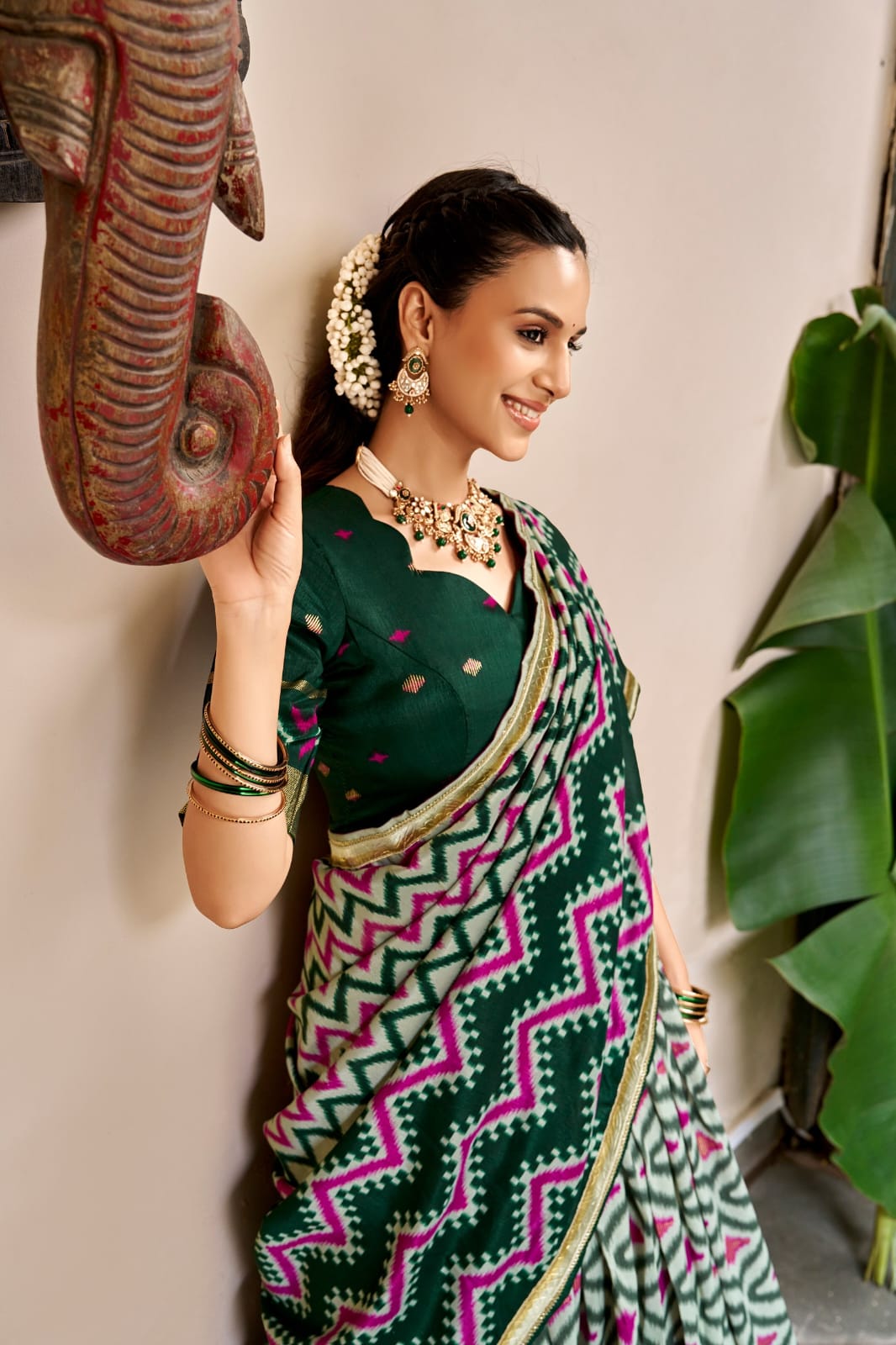 Bottle Green Tasar Silk Patola Foil Print South Indian Half Saree Set