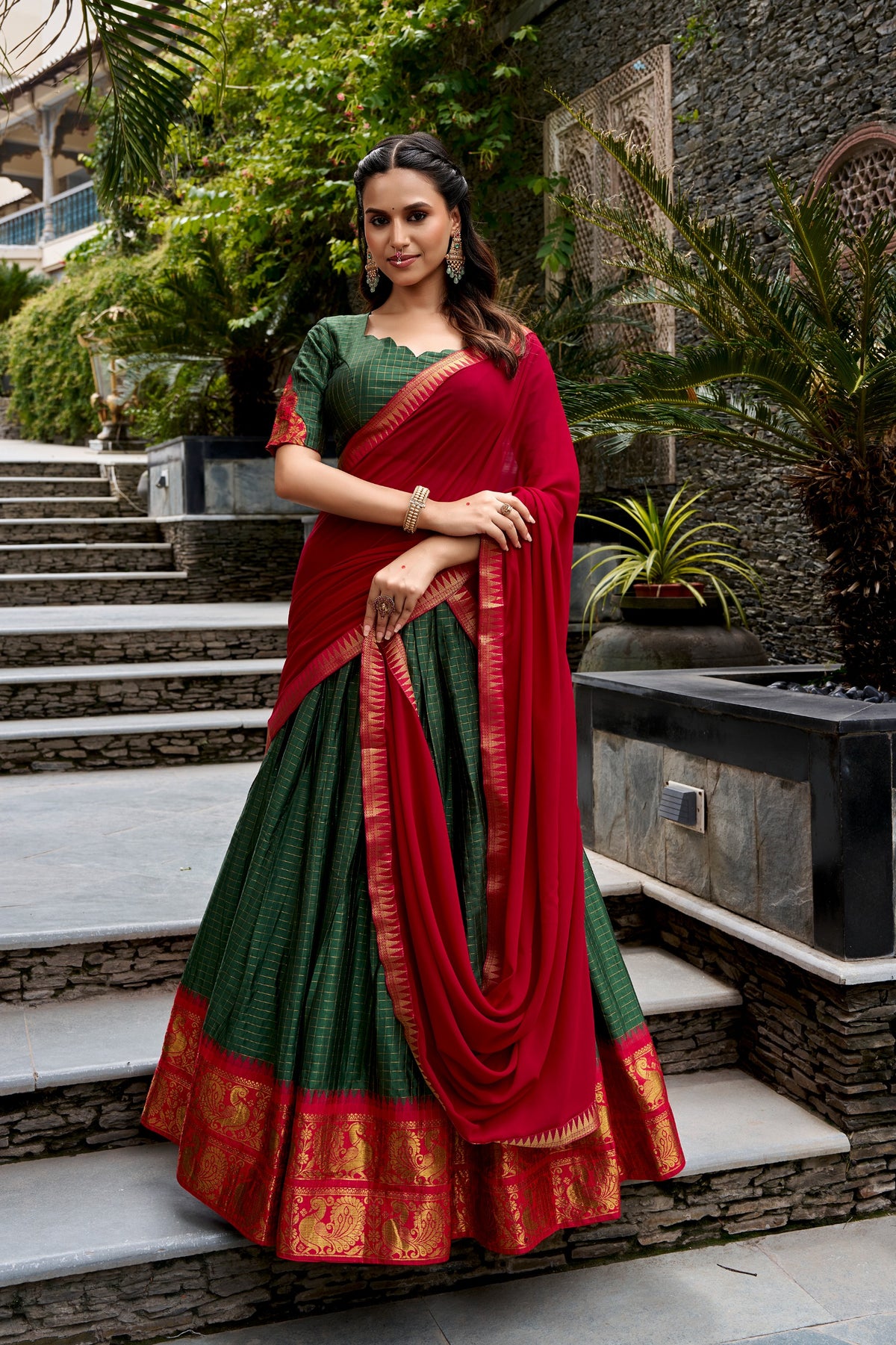 Green & Red Poly Cotton South Indian Half Saree Lehenga Set