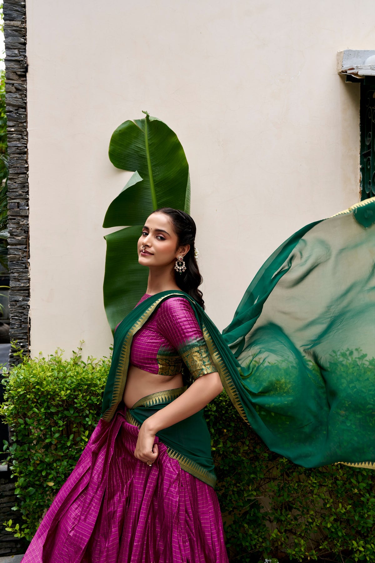 Magenta Pink & Green Poly Cotton South Indian Half Saree Lehenga Set