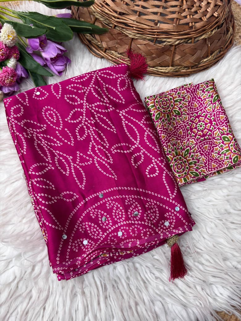 Premium Satin Silk Printed Saree with Mirror Work, Blouse & Tassels