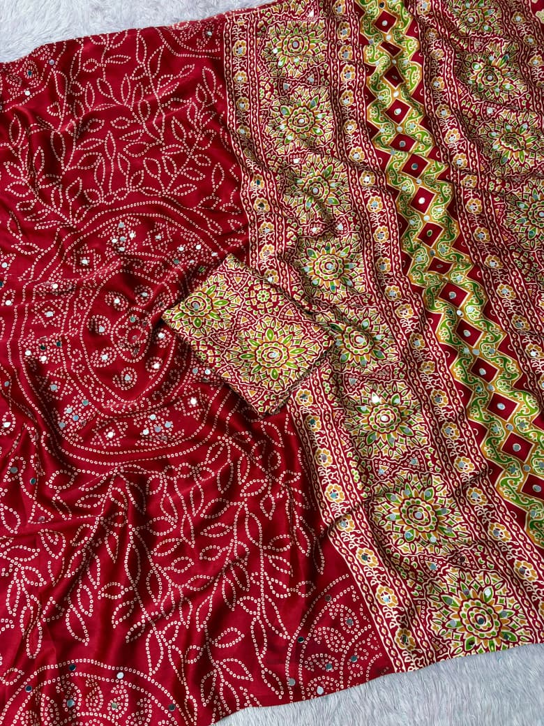 Premium Satin Silk Printed Saree with Mirror Work, Blouse & Tassels