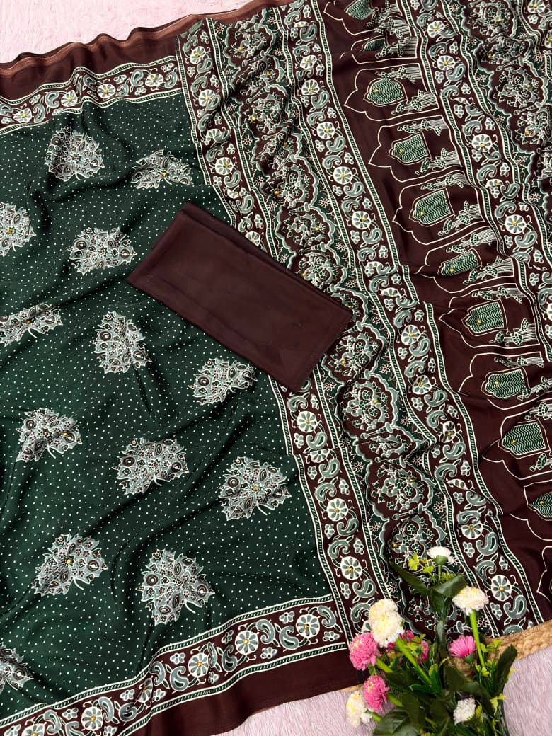 Premium Satin Silk Printed Saree with Mirror Work, Blouse & Tassels
