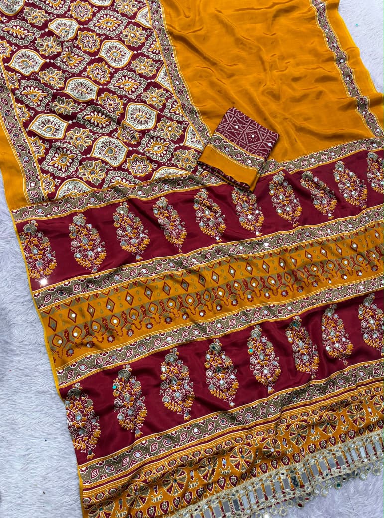Premium Satin Silk Printed Saree with Mirror Work, Blouse