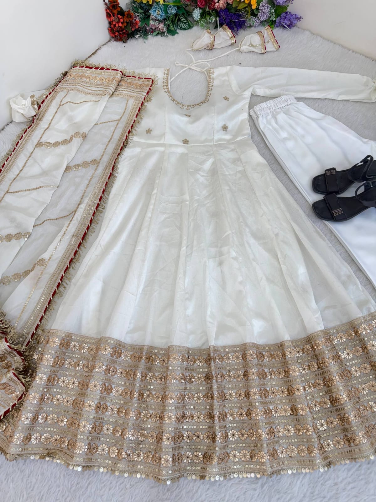 White color Gold Zari and Sequence and Embroidery work Party Wear Designer Anarkali Gown