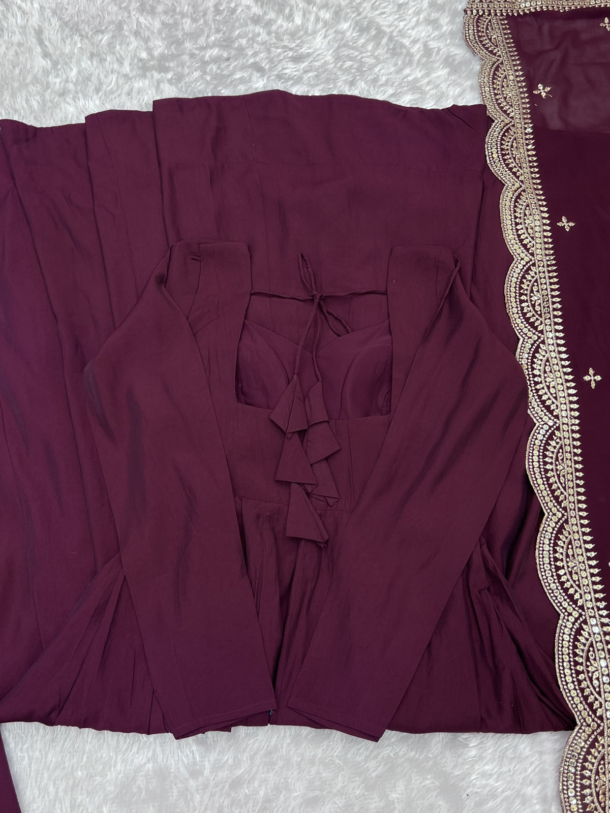 Wine Roman Silk Anarkali Gown Pant and Dupatta