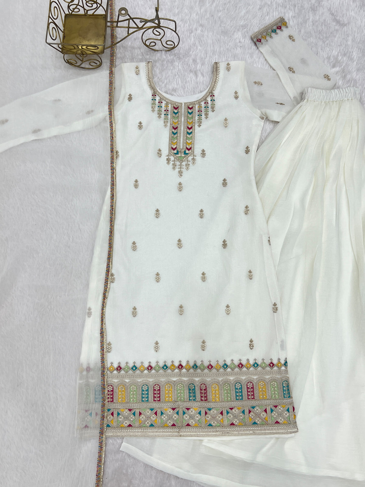 White color Crunchy Silk Designer Party wear Kurti Sharara with Dupatta