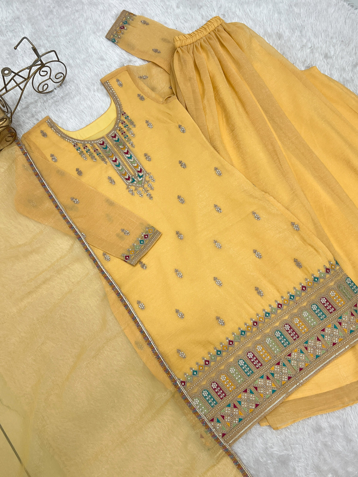 Yellow color Crunchy Silk Designer Party wear Kurti Sharara with Dupatta