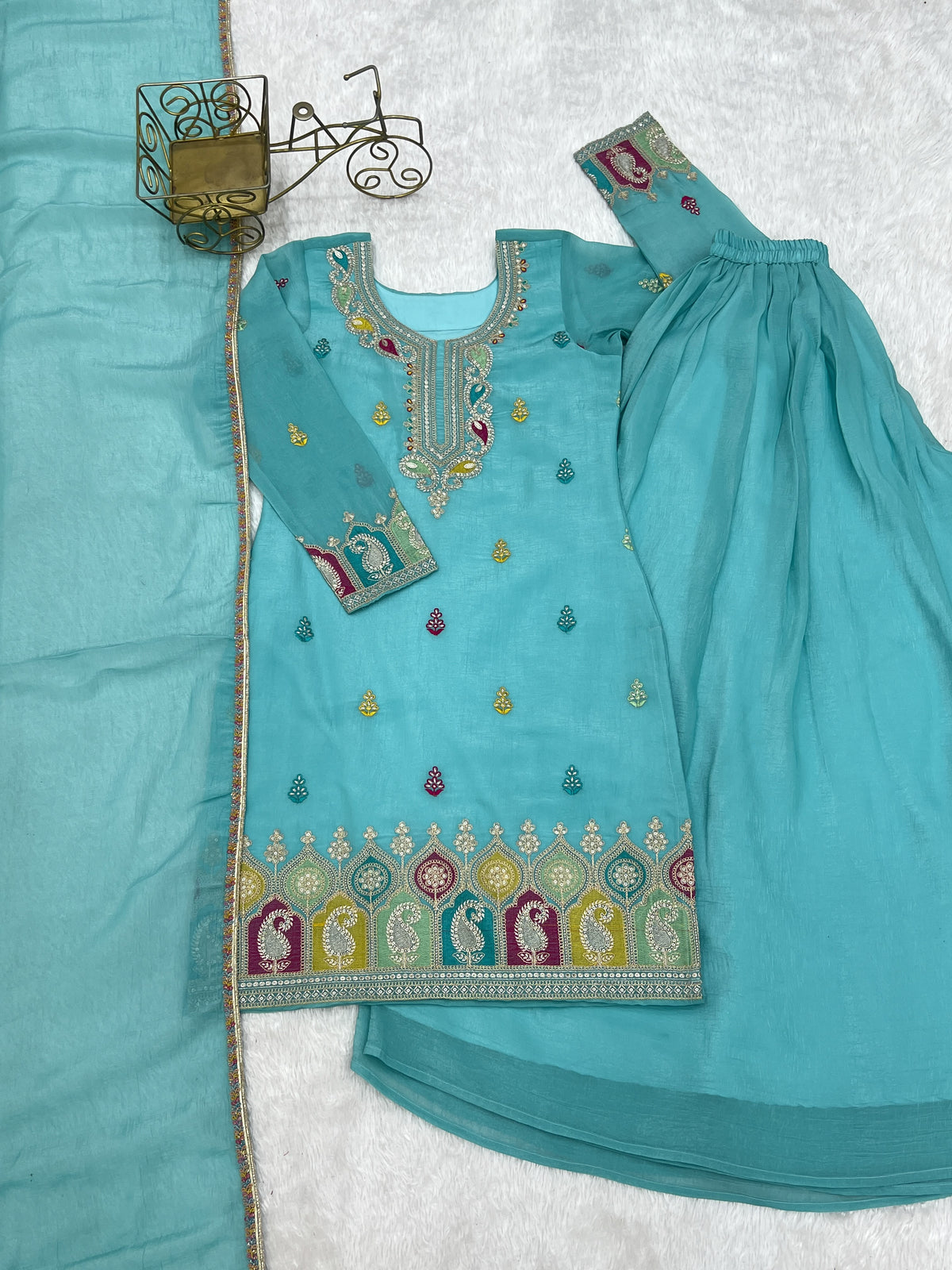 Sky Blue color Crunchy Silk Designer Party wear Kurti Sharara with Dupatta