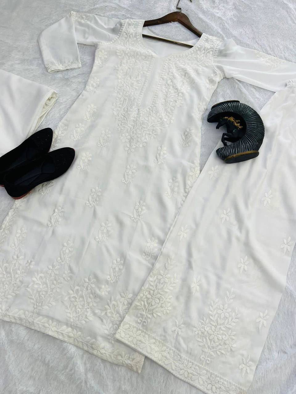 White Lucknowi Chikankari embroidery 3-piece kurta set