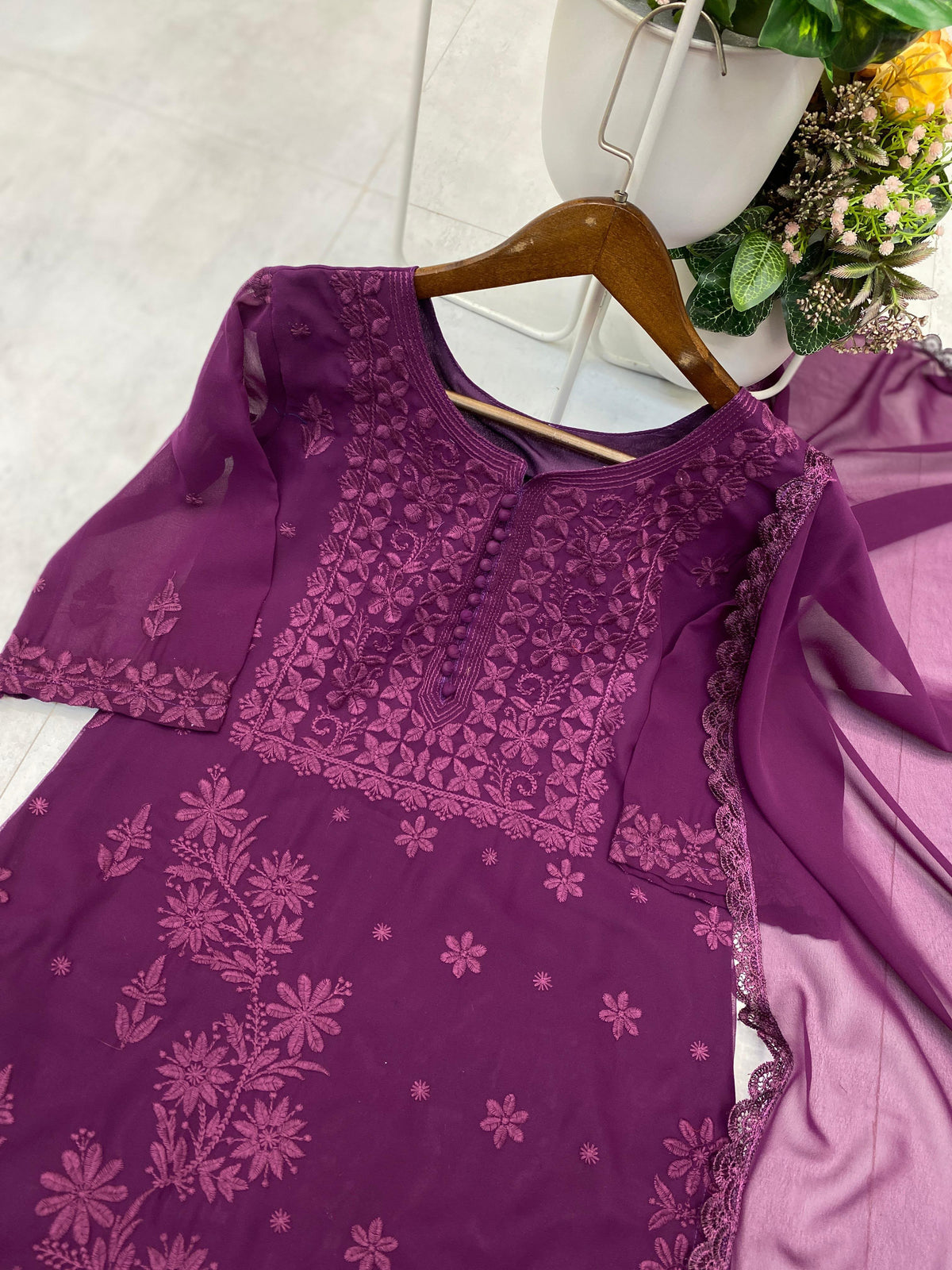 DESIGNER EXCLUSIVE GEORGETTE EMBROIDERY WORK KURTI PANT WITH DUPATTA