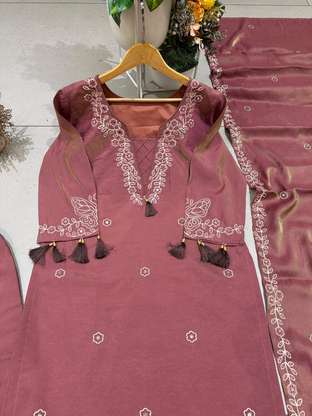 DESIGNER MIRROR EMBROIDERED WORKED KURTI PANT WITH DUPATTA